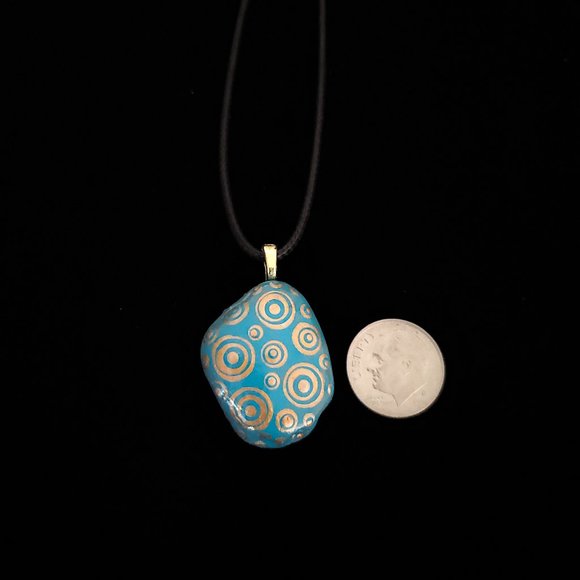 Hand Painted Dot Art Pendant, Turquoise and Gold - Picture 5 of 12